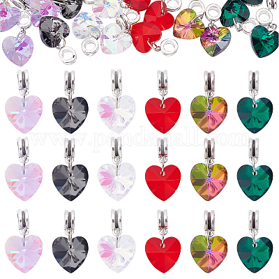Wholesale SUNNYCLUE 1 Box 60Pcs 6 Color European Dangle Charms Heart Charms  Large Hole Faceted Charms for Jewelry Making Glass Heart Charms Bracelet  Bails Clasp Bail Beads Charms Valentine's Day Charm Hole