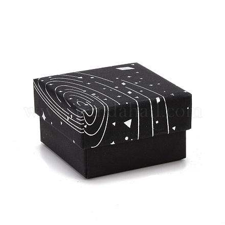 厚紙のジュエリーボックス  黒のスポンジマット付き  ジュエリーギフト包装用  銀河模様の正方形  ブラック  5.3x5.3x3.2cm CON-D012-02A-1