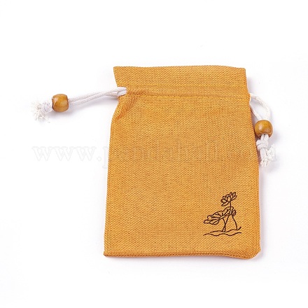 黄麻布製梱包袋ポーチ  巾着袋  木製のビーズで  オレンジ  14.6~14.8x10.2~10.3cm ABAG-L006-B-04-1