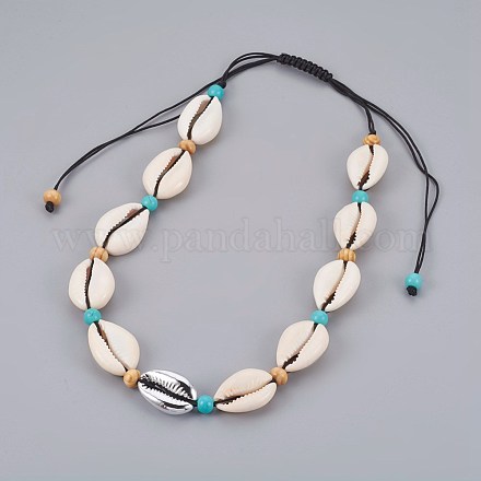 Colliers de cauris ajustables et colliers de perles synthétiques turquoises NJEW-JN02300-01-1