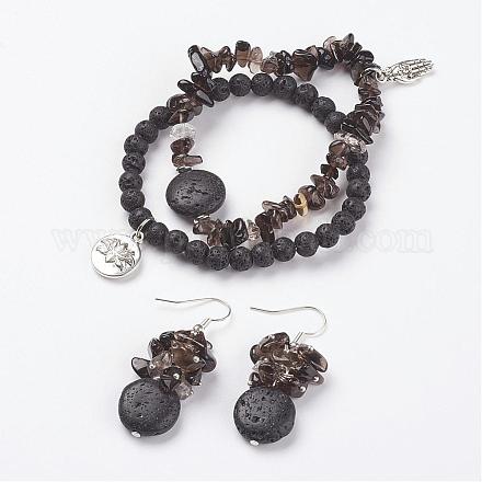 Lava Rock and Smoky Quartz Beads Wrap Bracelets and Earrings Jewelry Sets SJEW-JS00905-01-1