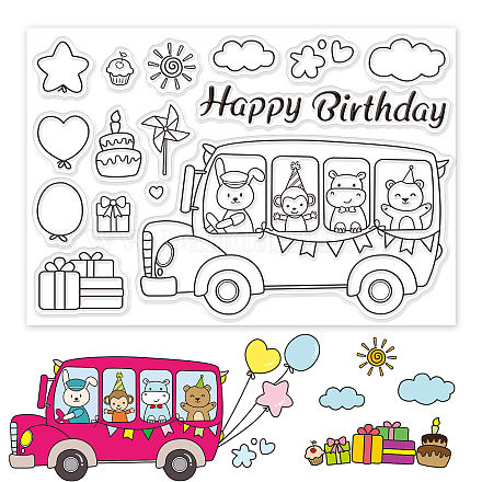 GLOBLELAND Happy Birthday Clear Stamps Animal Hiking Bus Silicone Clear Stamp Seals for Cards Making DIY Scrapbooking Photo Journal Album Decoration DIY-WH0167-56-672-1