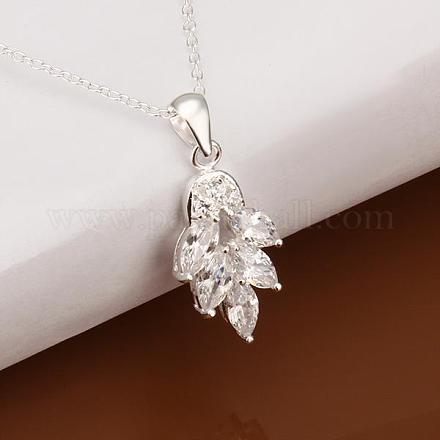 Trendy Silver Color Plated Brass Cubic Zirconia Leaf Pendant Necklaces For Women NJEW-BB12789-1
