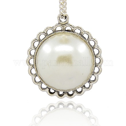 Antique Silver Plated Alloy Acrylic Pearl Pendants PALLOY-J331-01AS-1