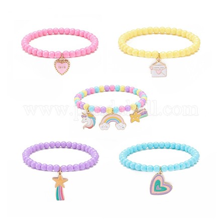 5 pièces 5 style couleur bonbon acrylique rond perlé bracelets extensibles ensemble BJEW-JB08675-1