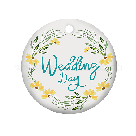手作りの磁器のペンダント  フラットラウンドワード幸せな結婚式の日  淡いチソウ  75x2mm PORC-WH0005-020-1