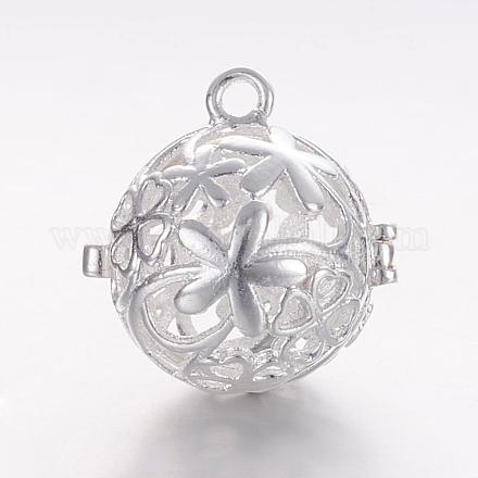 真鍮のケージペンダント  チャイムボールのペンダントネックレスの作成  花と中空丸  銀色のメッキ  18x17.5x15.5mm  穴：1.5mm  内径：11.5mm KK-K173-01S-1