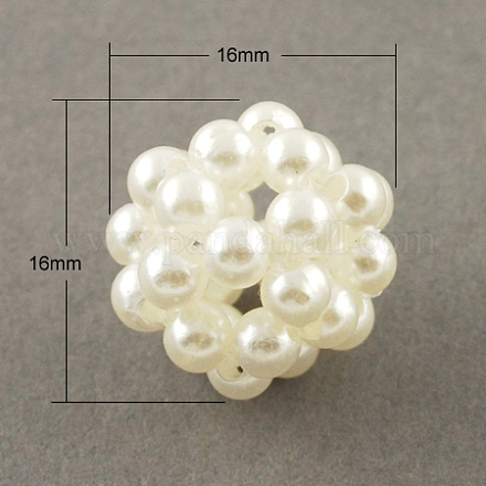 手作りのABS樹脂の模造パールの編みビーズ  クラスターボールビーズ  ラウンド  ホワイト  16mm  穴：3mm WOVE-R030-1