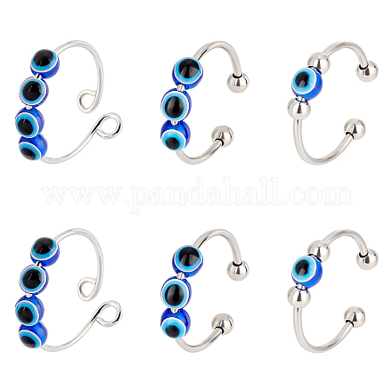 PandaHall Elite 6Pcs 3 Style Resin Evil Eye Spinning Beaded Open Cuff Rings Set RJEW-PH0001-10-1