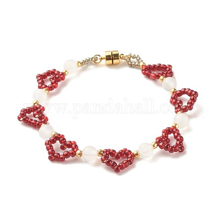 Glass Seed & Natural Agate Beaded Bracelet with Brass Magnetic Clasp BJEW-JB07803-01-1
