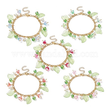 5 pièces 5 couleurs verre perle & trompette fleur & acrylique feuille bracelets à breloques ensemble BJEW-JB08909-1