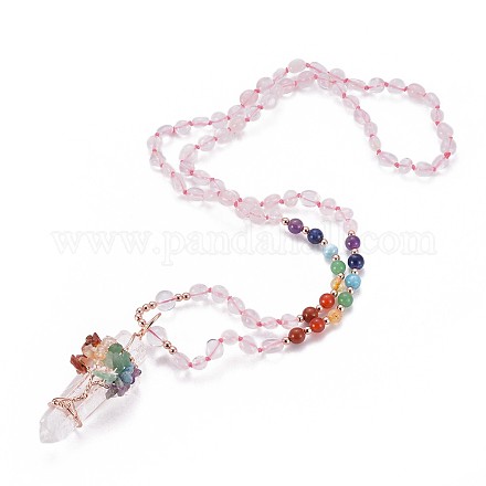 Natürlichen Rosenquarz Perlen Anhänger Halsketten NJEW-K116-A04-1