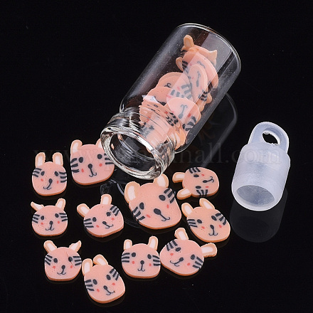 手作りポリマークレイ子猫ネイルアートデコレーションアクセサリー  ガラスびんとccbプラスチックボトルストッパー付き  漫画の猫ヘッド  ライトサーモン  4~9x4~6x0.5~1mm MRMJ-S046-001F-1