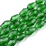 Glass Beads Strands, Faceted, Drop, Green, 11x8mm, Hole: 1mm, about 57~59pcs/strand, 26.38~26.77 inch