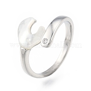 Natural Shell Heart Open Cuff Ring with Clear Cubic Zirconia RJEW-N039-09P