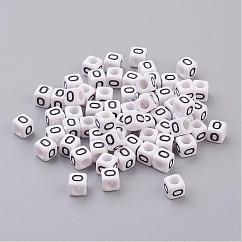 Cuentas de letras de acrílico de agujero horizontal, cubo, blanco, letra o, tamaño: aproximamente 6 mm de ancho, 6 mm de largo, 6 mm de altura, agujero: aproximamente 3.2 mm, aproximamente 2600 unidades / 500 g