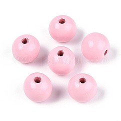 Cuentas redondas de madera de schima natural pintadas con aerosol, rosa perla, 13~14x12.9mm, agujero: 2.8~3.5 mm