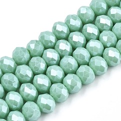 Galvanisieren Glasperlen, Mit Perlglanz plattiert, facettiert, Rondell, mittlerer Aquamarin, 4x3 mm, Bohrung: 0.4 mm, ca. 105~110 Stk. / Strang, 38~39 cm