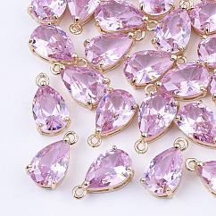 Transparente Glas Anhänger / charms, mit Messing-Zubehör, facettiert, Träne, Licht Gold, Perle rosa, 15x8x6 mm, Bohrung: 1.2 mm