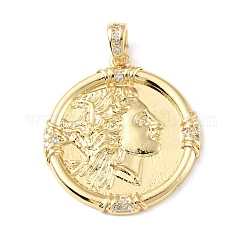Ottone micro spianare pendenti zirconi, placcato di lunga durata, vero placcato oro 18k,  cadmio& piombo libero, rotondo e piatto, chiaro, 30.5x28x2.5mm, Foro: 4.5x3 mm