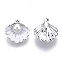 Aluminium Anhänger & Charms, mit abs plastikimitation perle & emaill, Muschel mit Perle, Platin Farbe, weiß, 16x15x7 mm, Bohrung: 1.5 mm
