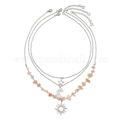 201 Edelstahl Sonne Mond Stern Anhänger natürlicher Sonnenstein & 304 Edelstahl Gliederkette 3-lagige Halsketten für Damen&nbsp;NJEW-JN05470-01