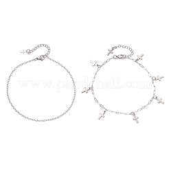 2 pièce 2 styles 304 chaîne de câble en acier inoxydable chaîne trombone breloque double couche bracelets de cheville pour femmes&nbsp;AJEW-AN00740-03