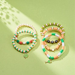 Set di braccialetti elastici heishi fatti a mano con perle d'acqua dolce del giorno di san patrizio e argilla polimerica&nbsp;BJEW-JB08768