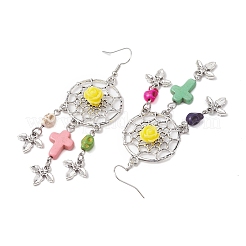 Toile/filet tissé avec boucles d'oreilles pendantes turquoise synthétiques croix et crâne&nbsp;EJEW-JE05864