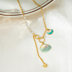 Collares con colgante en forma de concha de acero inoxidable 304 esmaltado con perla de plástico blanca para mujer&nbsp;WGC94A0-01