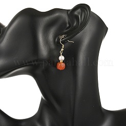 Pendientes colgantes cúbicos de cornalina natural con perlas redondas de concha.&nbsp;EJEW-JE07522