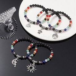 Bracciali elasticizzati con perline rotonde in pietre preziose miste naturali con ciondoli in lega&nbsp;BJEW-JB09403