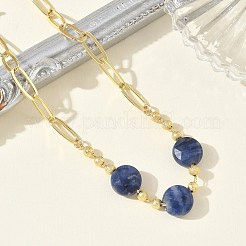 Bracciali a catena con graffetta in ottone e perline piatte rotonde sfaccettate di sodalite naturale&nbsp;GG-CBA37F5-02G-13