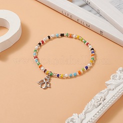 Buntes Stretch-Armband aus Saatperlenperlen mit Messinganhängern für Damen&nbsp;BJEW-JB09218-03