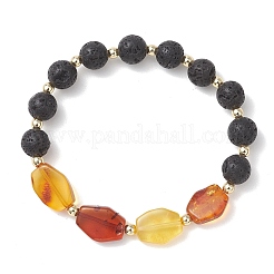 Braccialetti elastici in ambra naturale e perline di roccia lavica per le donne&nbsp;BJEW-JB13383-02