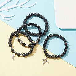 4 Uds. Conjunto de pulseras elásticas de roca de lava y obsidiana de plata natural de 4 estilos&nbsp;BJEW-JB09480