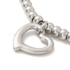 Bracciale con ciondolo a forma di cuore in acciaio inossidabile 304 anti-ossidazione con 201 perline rotonde in acciaio inossidabile per donna&nbsp;BJEW-B057-12P