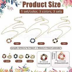 3 Sets 3 Farben Kranz Legierung Strass Anhänger Halskette & Ohrstecker Sets&nbsp;SJEW-GO0001-06