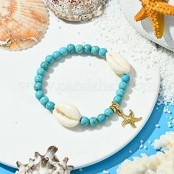 Pulseras elásticas redondas de turquesa sintética y concha natural de 6 mm&nbsp;BJEW-JB10579
