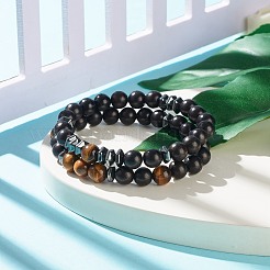 2 Uds 2 estilos de madera natural y ojo de tigre y pulseras elásticas de hematita sintética&nbsp;BJEW-JB07940