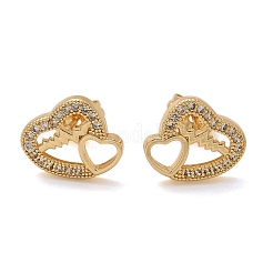 Boucles d'oreilles à tige en laiton avec micro pavé de zircons cubiques transparents en forme de cœur pour la Saint-Valentin&nbsp;EJEW-D305-22G-02
