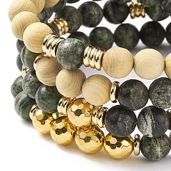 4 pièces 4 style jaspe zèbre vert naturel et bois et hématite synthétique ensemble de bracelets extensibles perlés ronds&nbsp;BJEW-JB08361