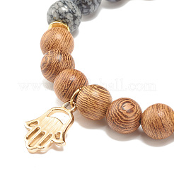 Bracelet extensible perlé en bois de wengé naturel et pierres précieuses avec main hamsa avec charme mauvais œil&nbsp;BJEW-JB07819