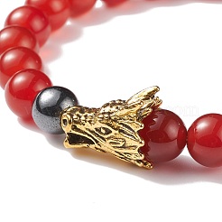 2pcs 2 style cornaline d'agate rouge naturelle (teinte et chauffée) et bracelets extensibles en hématite synthétique sertis de dragon en alliage&nbsp;BJEW-JB08655