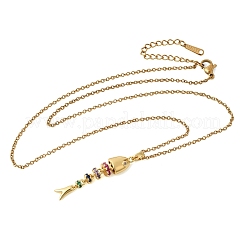 Collane con ciondolo a forma di spina di pesce in acciaio inossidabile 201 con zirconi cubici colorati per donna&nbsp;NJEW-C111-02B-G