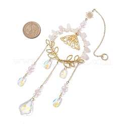 Décorations pendentif papillon en laiton et copeaux de quartz rose naturel&nbsp;HJEW-TA00259