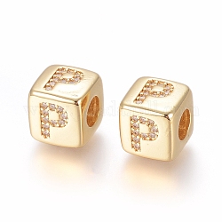 Brass Micro Pave Cubic Zirconia European Beads, Horizontal Hole, Large Hole Beads, Long-Lasting Plated, Cube with Letter, Golden, Clear, Letter.P, 9x9x9.5mm, Hole: 4.5mm