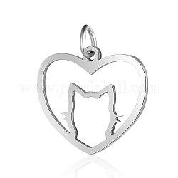 201 Stainless Steel Filigree Kitten Pendants, Heart with Cat Shape, Stainless Steel Color, 17x20x1mm, Hole: 3mm