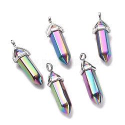 Rainbow Color Faceted Bullet Glass Pointed Pendants, with Platinum Plated Brass Findings, Multi-color Plated, 38~39.5x12.5x10mm, Hole: 5x3mm