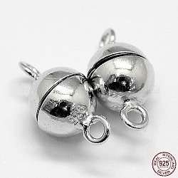 Rhodium Plated 925 Sterling Silver Magnetic Clasps, Round, Platinum, 12x6mm, Hole: 1.2mm